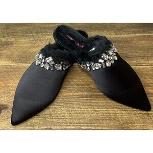 NEW ISAAC MIZRAHI Live FLATS Rhinestone Black Fur Women’s Size 9.5